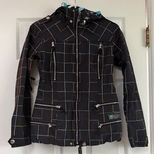 Women’s XS Burton Black and Blue Snowboard Windowpane Hooded ski Snow Jacket